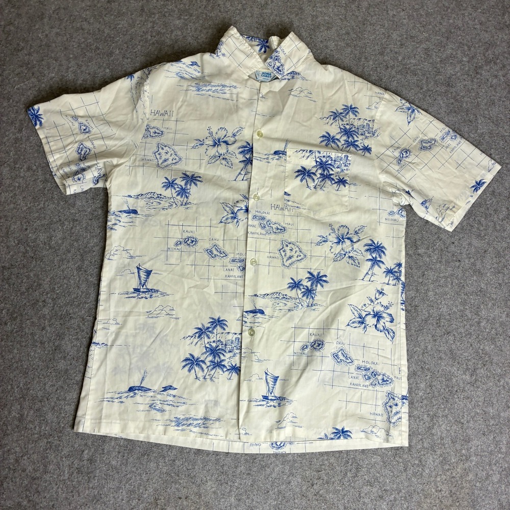 Kona Coast Mens Hawaiian Map Print Button Up Shirt Blue White Short Sleeve L